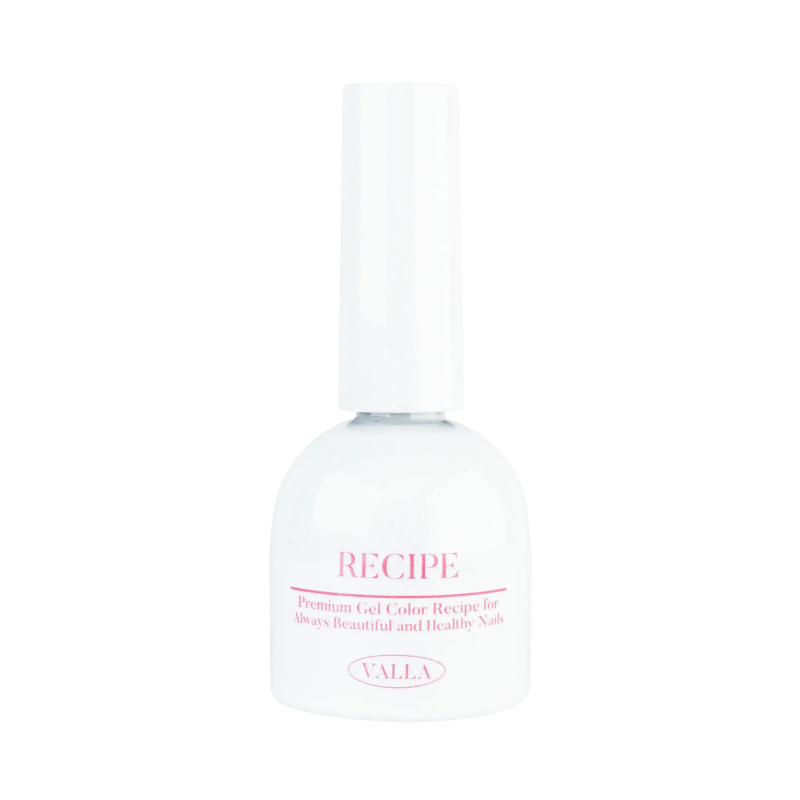VALLA Recipe nail treatment bottle with white cap and clear liquid, featuring pink text detailing its purpose for beautiful and healthy nails. Part of the Korean Nail Supply Byulling Byulling Collection, offering versatile gel polish options for magnetic and non-magnetic effects.
