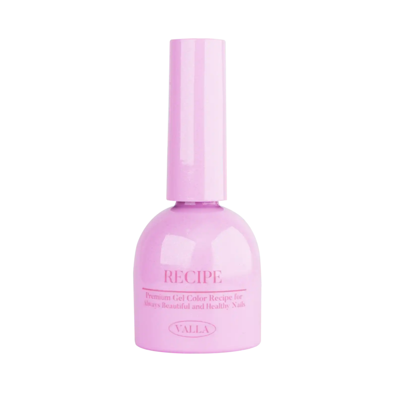 Pastel pink nail polish bottle from VALLA's Byulling Byulling Collection, featuring innovative two-way glitter and magnetic cateye gel polish. Sleek cylindrical design with 'RECIPE' branding, promising vibrant syrup-tinted colors for versatile nail art applications.