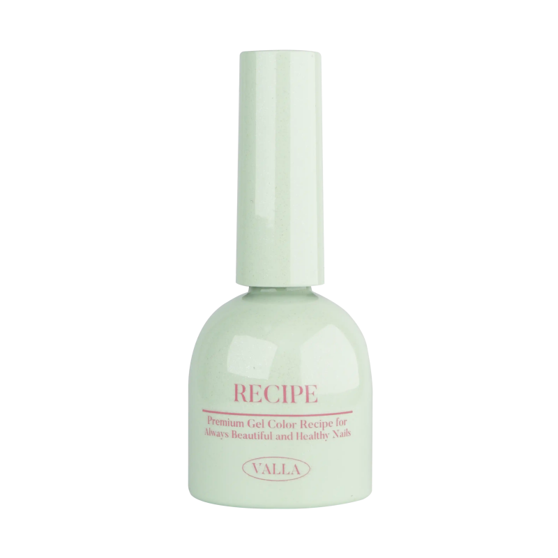VALLA Byulling Byulling Collection nail polish bottle in soft mint green color, featuring 'RECIPE' label in pink text, promising premium gel color for beautiful and healthy nails. Elegant cylindrical bottle design with smooth rounded cap, showcasing Korean nail art innovation and quality.