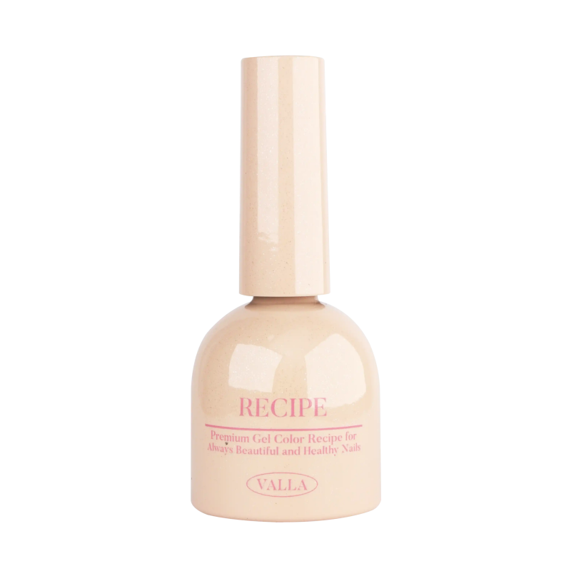 Elegant bottle of VALLA Byulling Byulling Collection nail gel polish in soft beige color with pink text, showcasing the innovative two-way glitter and magnetic cateye formula for versatile nail art designs. Premium Korean nail supply product for professional and at-home use.