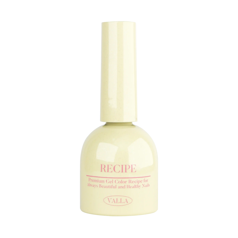 Pale yellow nail polish bottle from VALLA Byulling Byulling Collection, featuring innovative two-way glitter and magnetic cateye gel polish. The bottle displays 'RECIPE' in pink text, emphasizing premium gel color for beautiful, healthy nails. Represents Korean nail supply excellence and versatile application options.