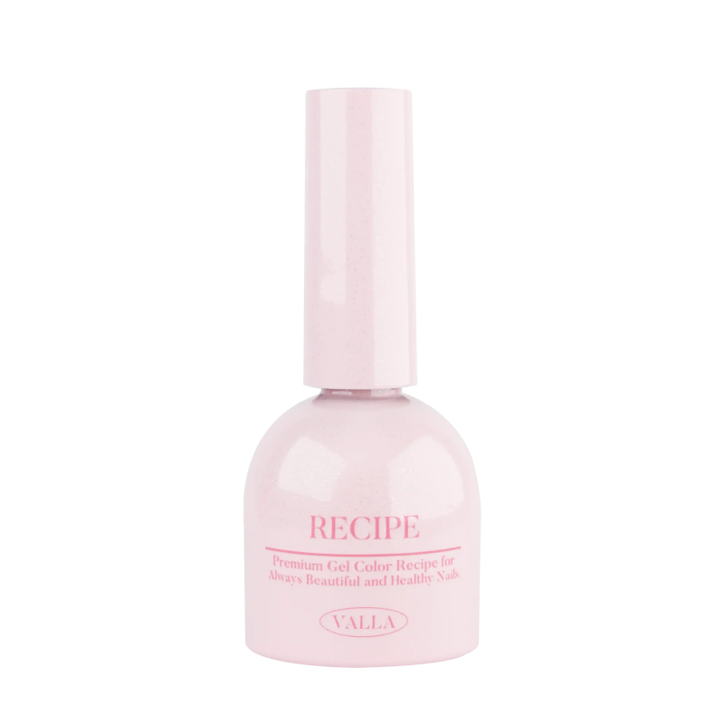 Elegant pink nail polish bottle from VALLA's Byulling Byulling Collection, featuring a frosted glass design with soft rose-colored liquid inside. The bottle displays 'RECIPE' in delicate pink lettering, promising a premium gel color product for beautiful and healthy nails.