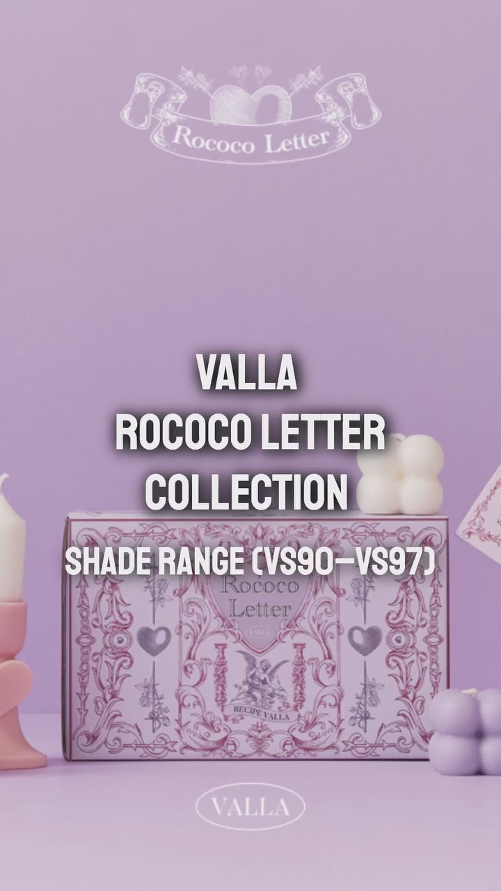 VALLA Rococo Letter collection VS90–VS97: product and packaging showcase, from the KoreanNails Instagram product reel.